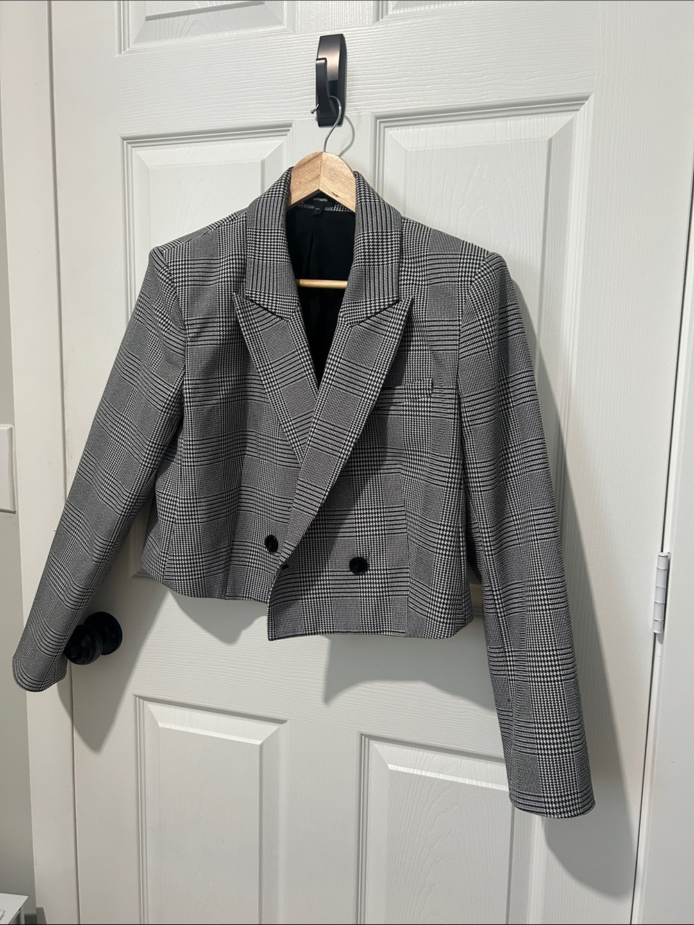 Express Glen Plaid Cropped Double-Breasted Blazer - Black/Gray